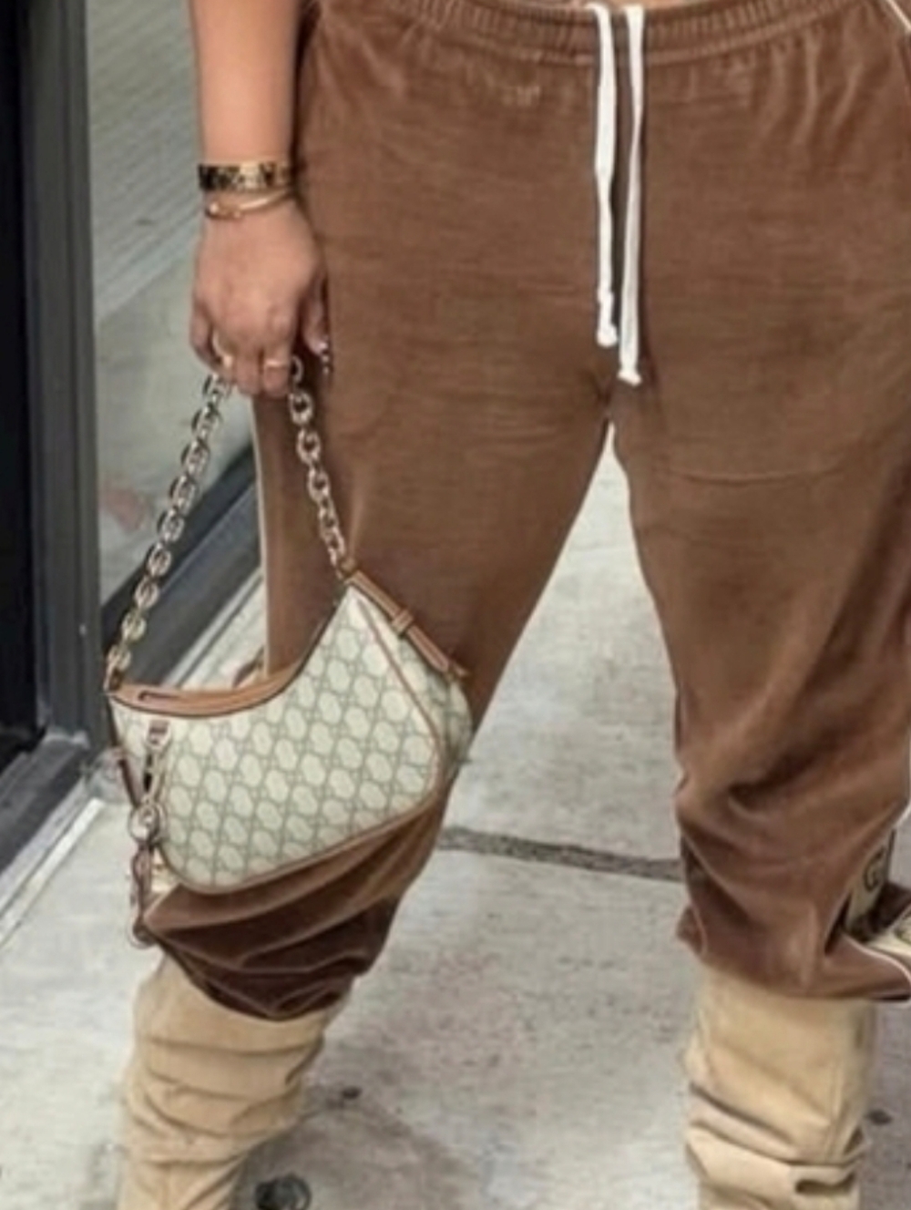 Natural Brown Monogram Crossbody Bag with Gold Chain Strap